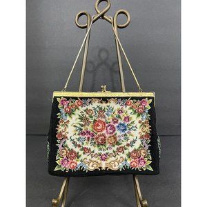 Vtg Tapestry Petit‎ Point Handbag Embroidered Kiss Clasp Ornate Gold Frame Chain